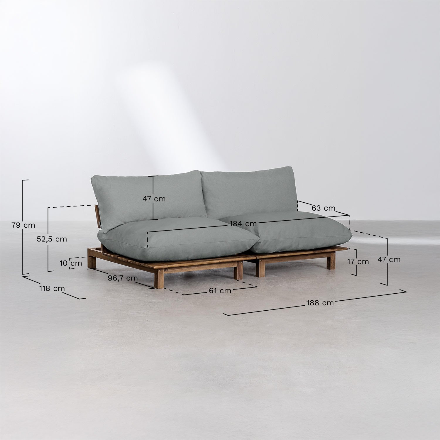 Gartenset mit 2-teiligem modularen Liegesofa und Couchtisch aus Brina-Akazienholz, MAßE