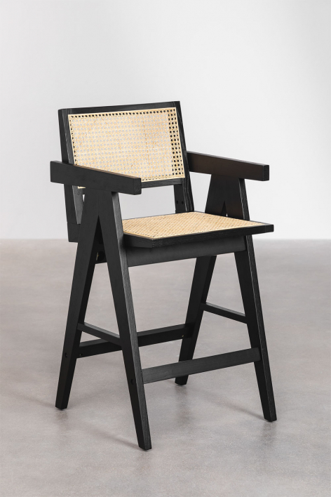 Barhocker 65 cm aus schwarzem Eschenholz und Rattan Lali