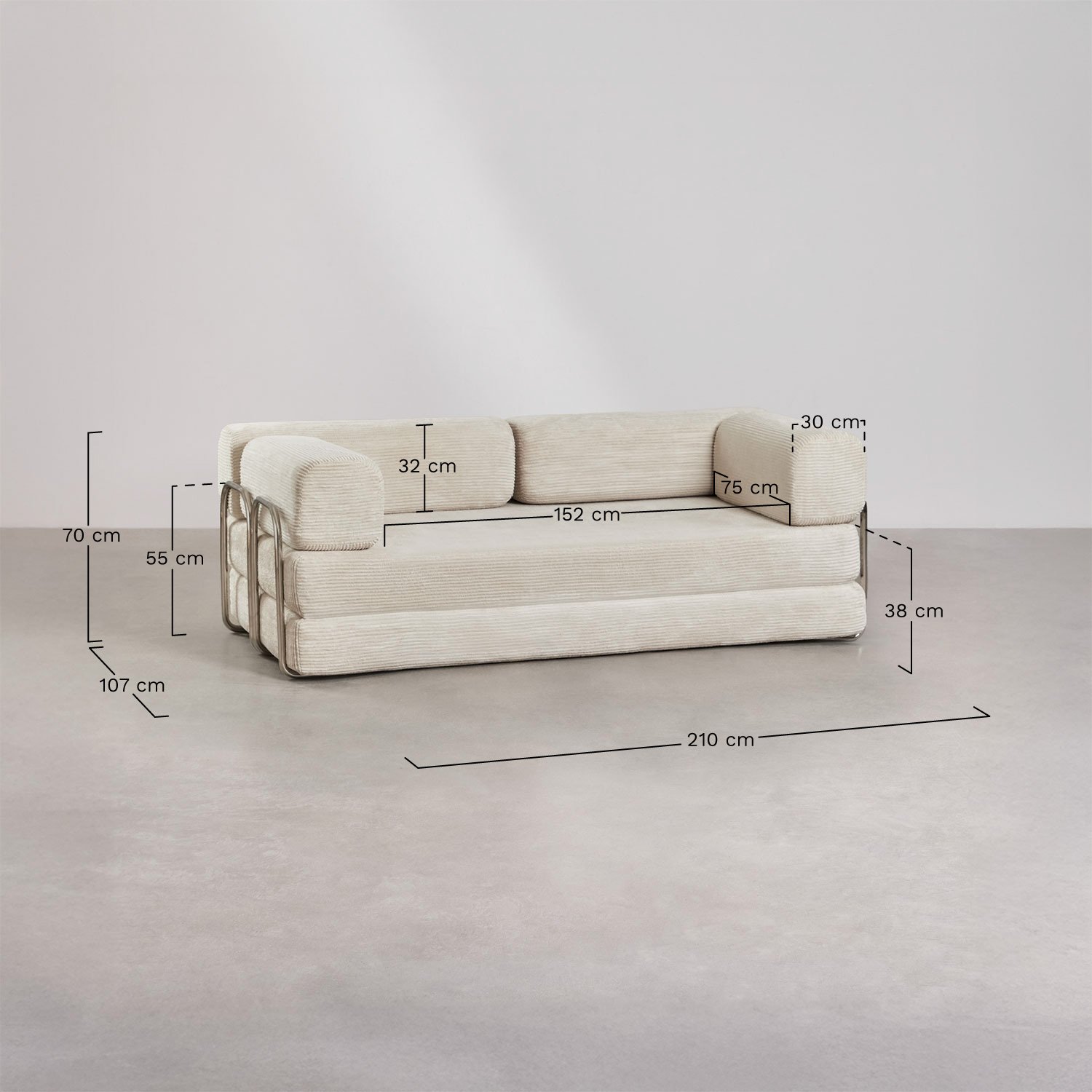 Zweisitziges Schlafsofa aus Vakuumverpacktem Cordstoff Igone, MAßE