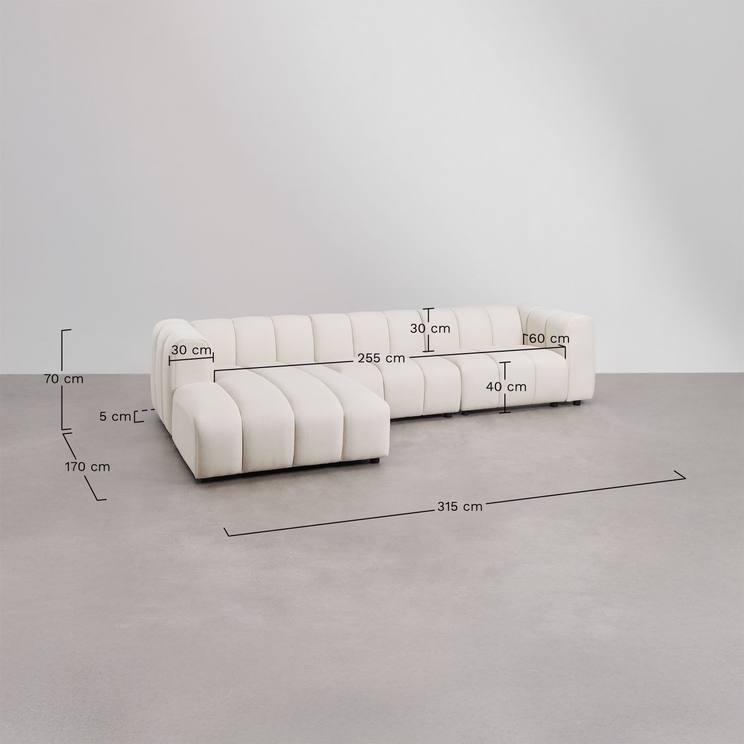 Modulares Ecksofa mit linker Chaiselongue, 3-teilig, aus Bouclé-Stoff Eliot, MAßE