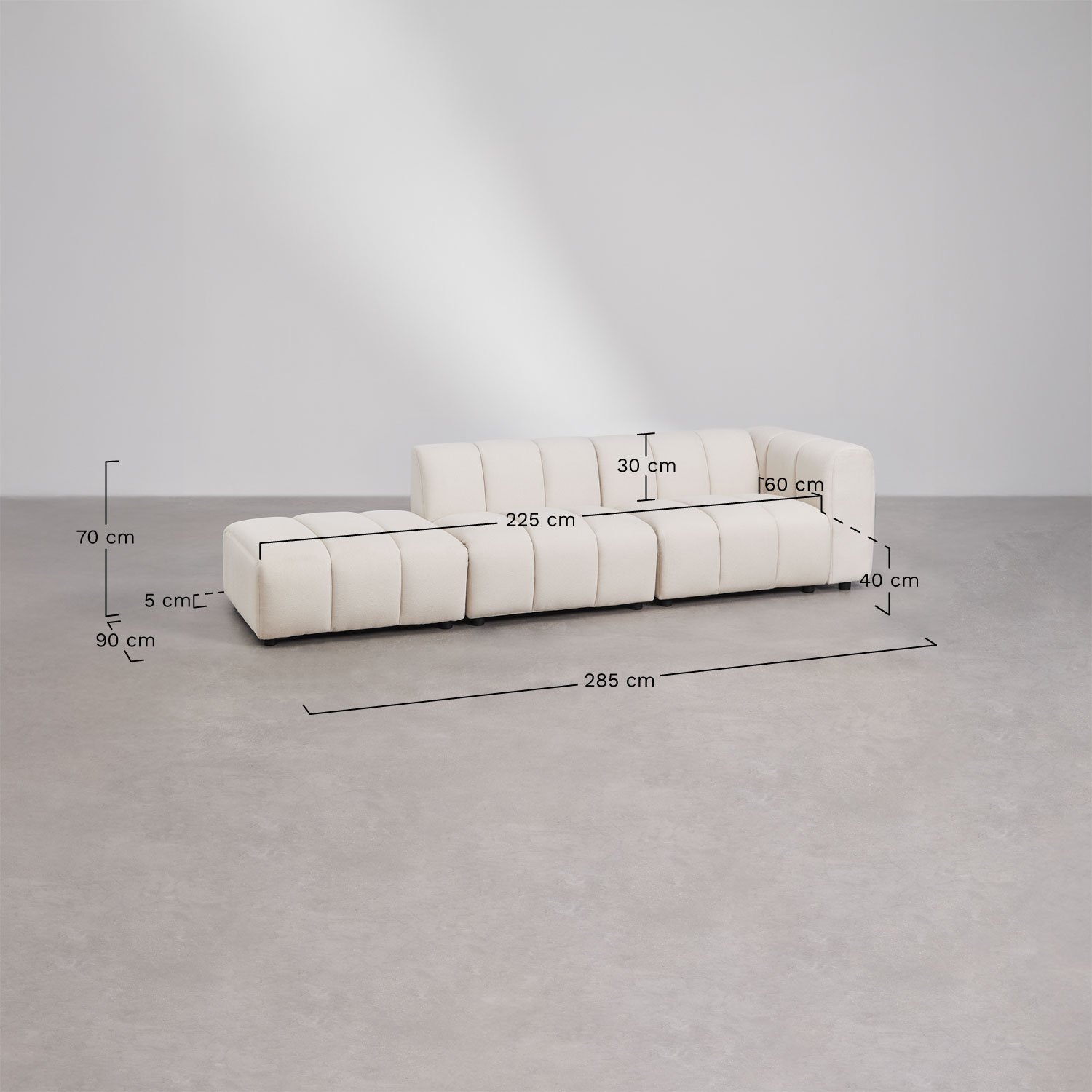 2-teiliges modulares Ecksofa rechts und Pouf aus Eliot-Bouclé-Stoff, MAßE