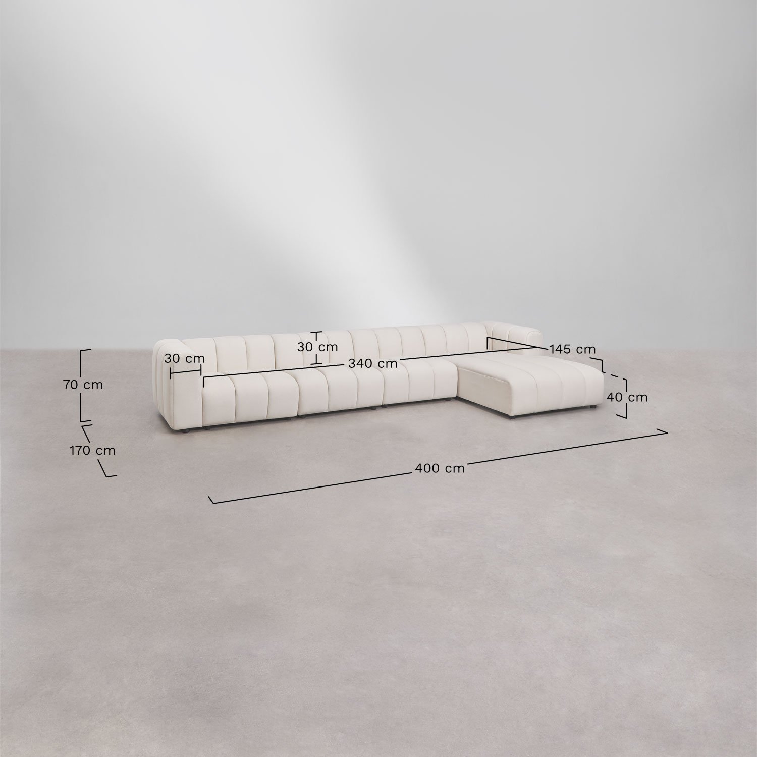 4-teiliges modulares Chaiselongue-Sofa mit rechter Seite aus Eliot-Bouclé-Stoff, MAßE