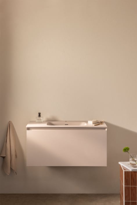 Macrae hängendes Badezimmermöbel-Set aus Holz mit integriertem Waschbecken - Beige Leinen