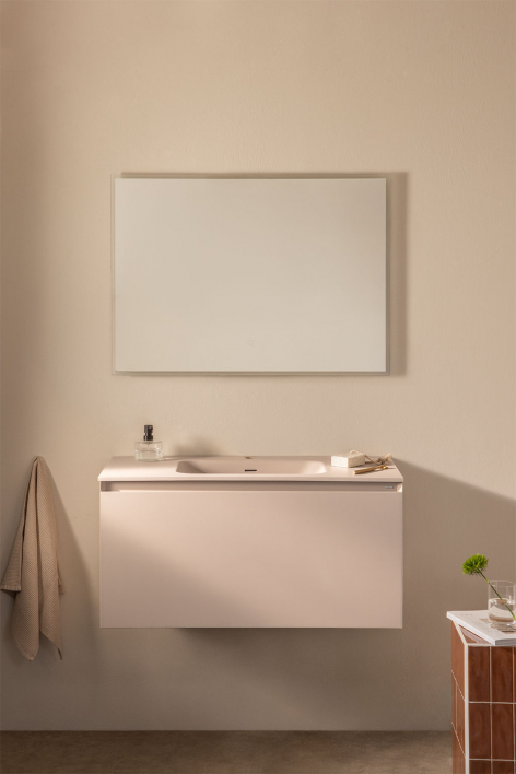 Macrae hängendes Badezimmermöbel-Set aus Holz mit integriertem Waschbecken - Beige Leinen