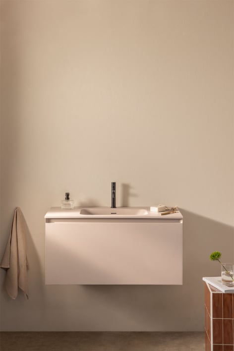 Macrae hängendes Badezimmermöbel-Set aus Holz mit integriertem Waschbecken - Beige Leinen