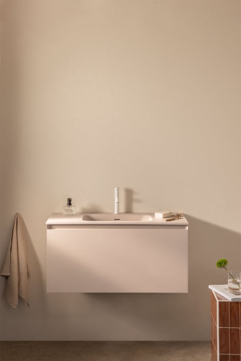 Macrae hängendes Badezimmermöbel-Set aus Holz mit integriertem Waschbecken - Beige Leinen