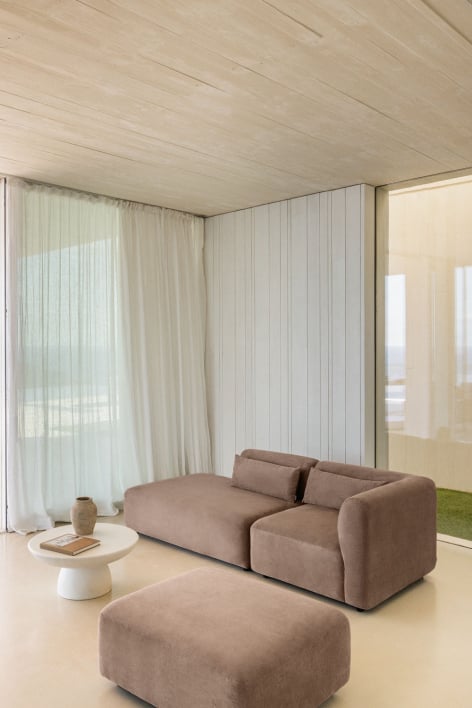 Zweiteiliges modulares Ecksofa mit Chaiselongue links und Fogler-Hocker