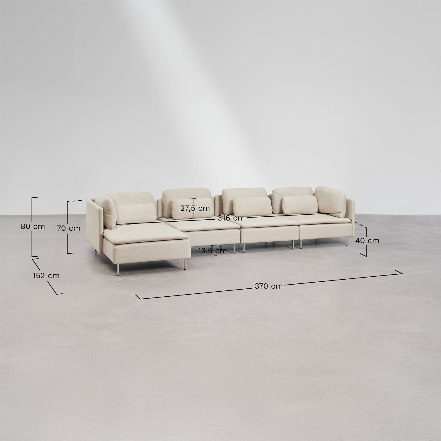modulares 4-teiliges Sofa mit linker chaiselongue und eckmodul Oriol, MAßE