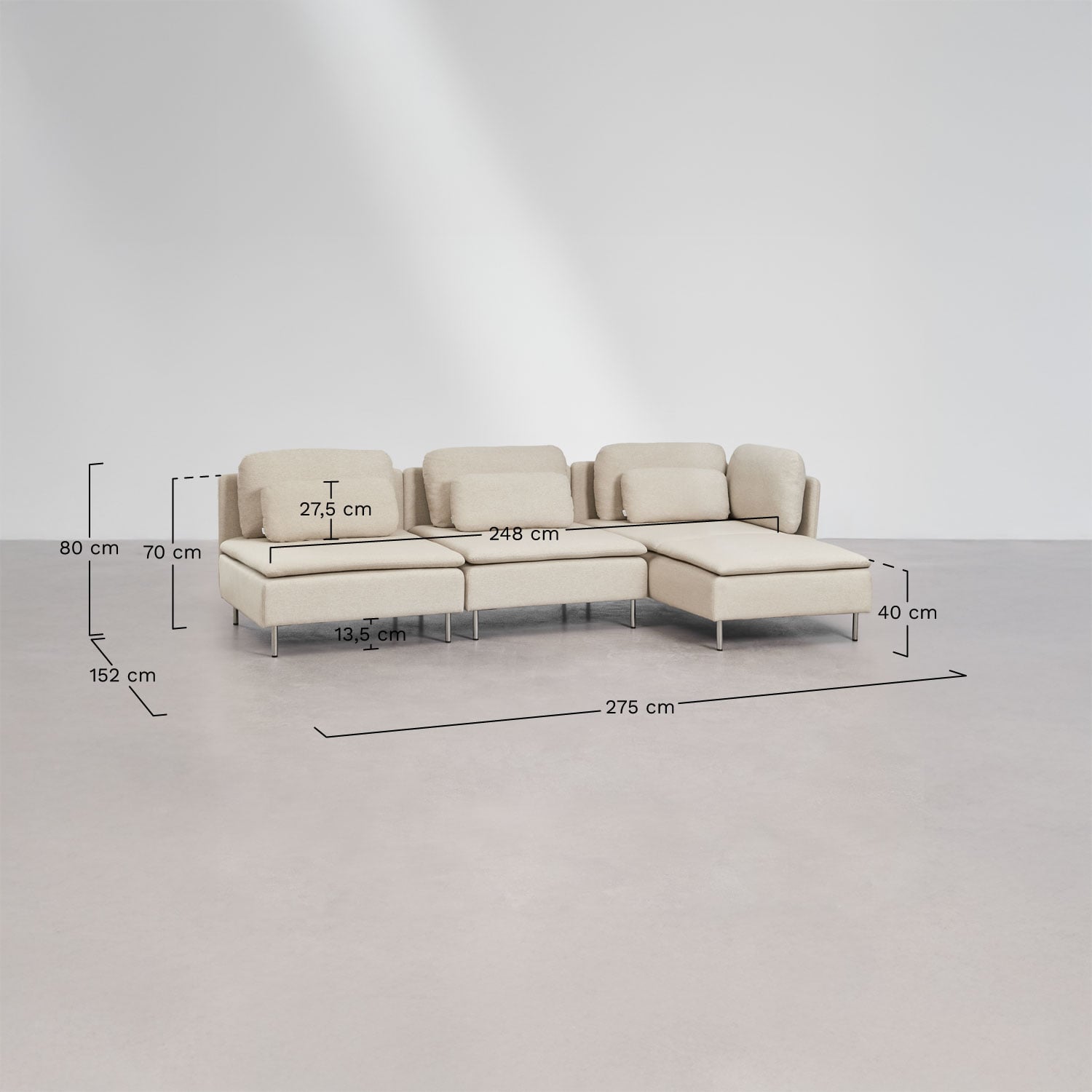 Oriol 3-teiliges rechtsseitiges Chaiselongue-Modulsofa, MA&szlig;E