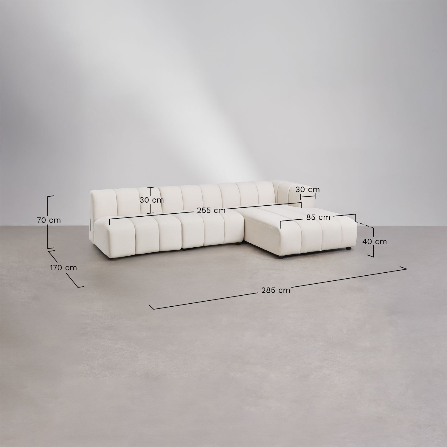 3-teiliges modulares Sofa mit Chaiselongue und Hocker aus Eliot-Bouclé-Stoff, MAßE