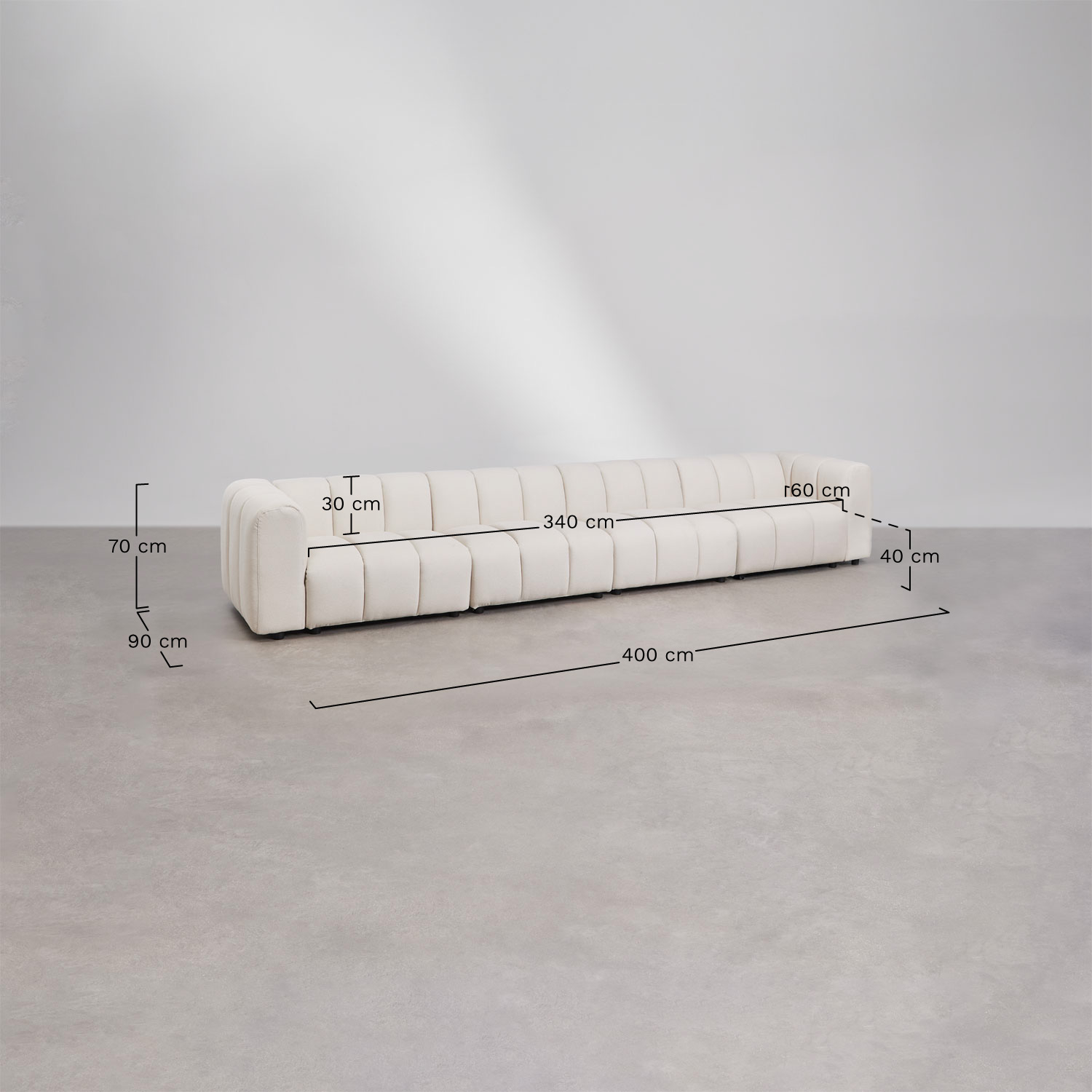 4-teiliges modulares Sofa und Hocker aus Eliot-Bouclé-Stoff, MAßE