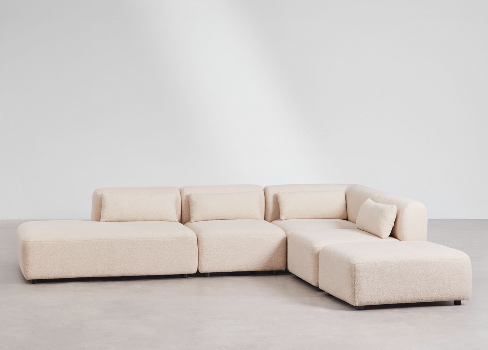 4-teiliges modulares Ecksofa mit Chaiselongue links und Fogler-Hocker