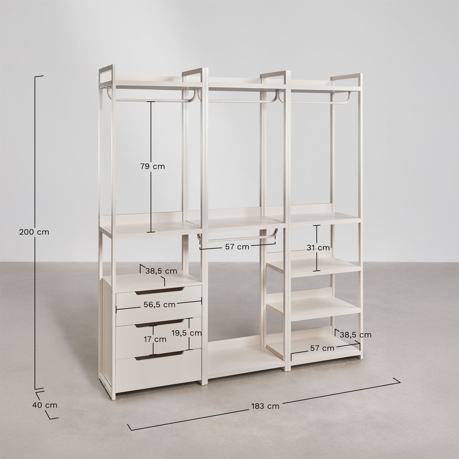 Velunis 3-teiliger offener modularer Kleiderschrank aus Eisen, MAßE