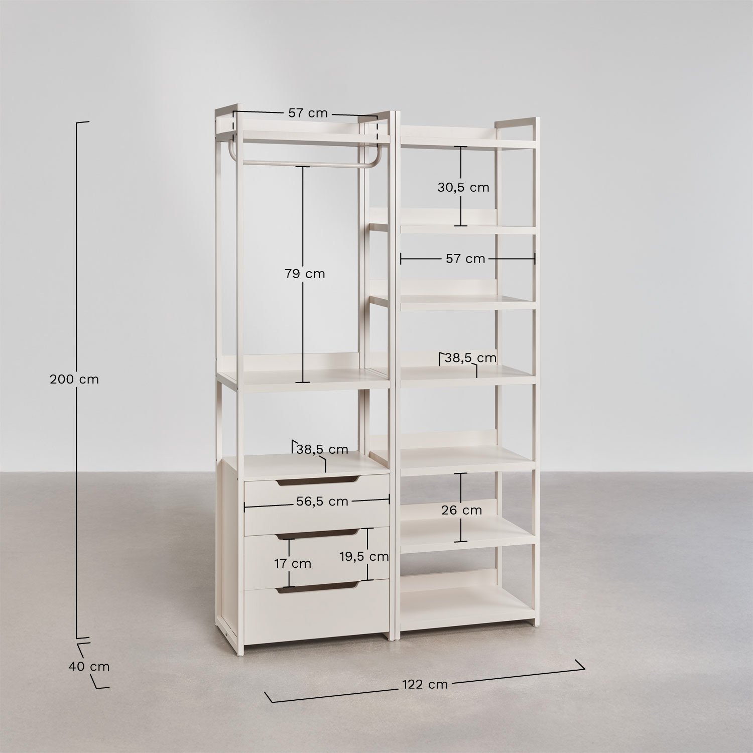 Offenes 2-teiliges Modulares Schrank mit Schubladen und Eisenregal Velunis, MAßE