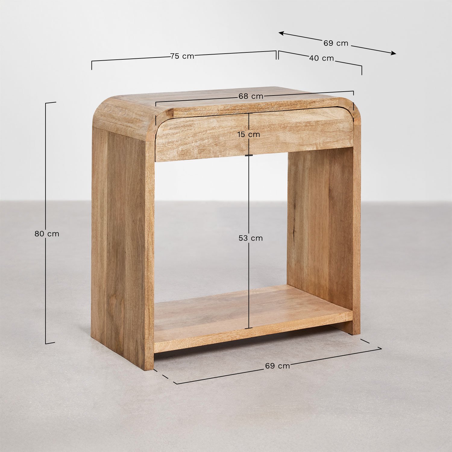 Empfangskonsole 75x40 cm aus Mangoholz und MDF Shelby, MAßE