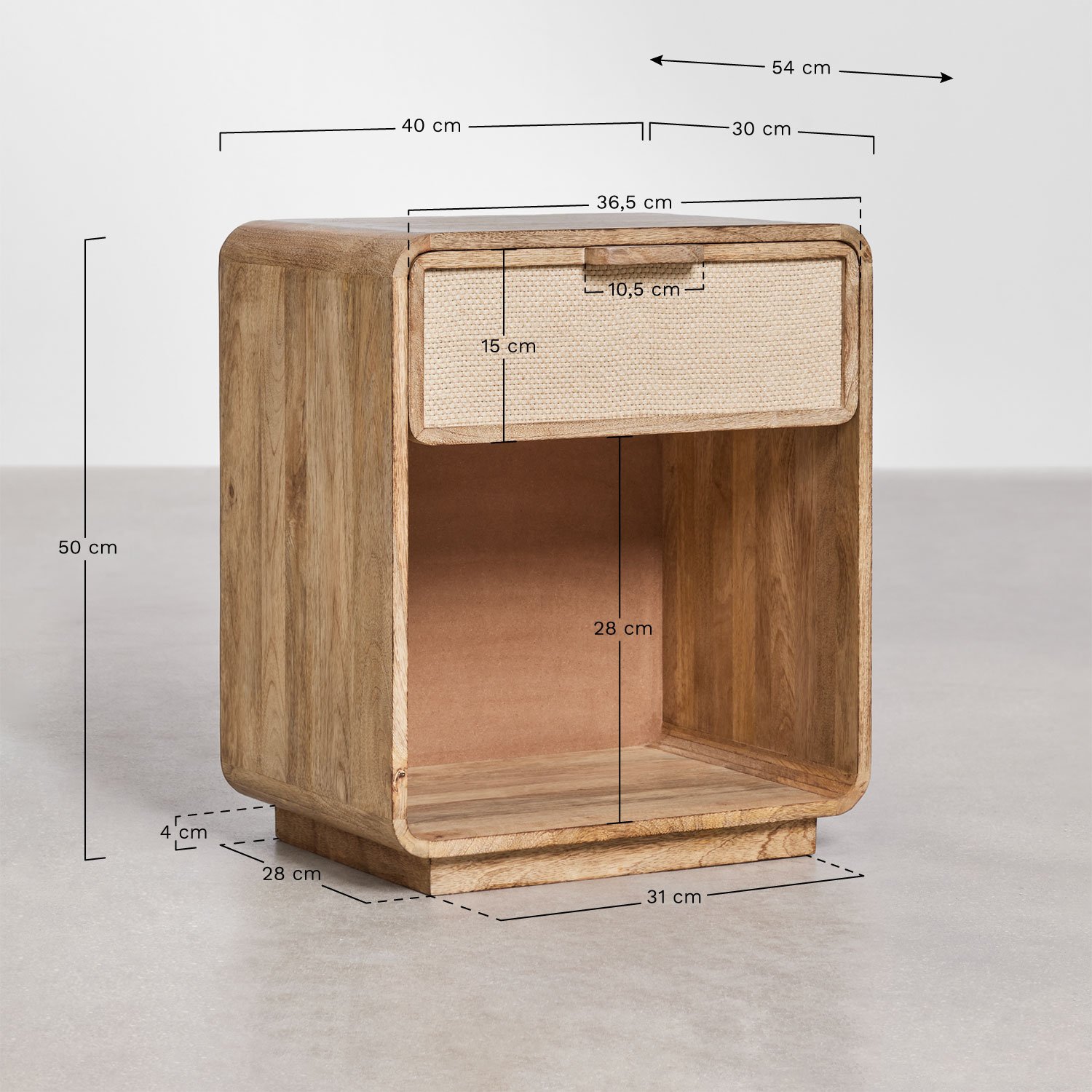 Packung mit 2 rechteckigen Nachttischen 40x30 cm aus Mangoholz, MDF und Abrams-Jute, MAßE