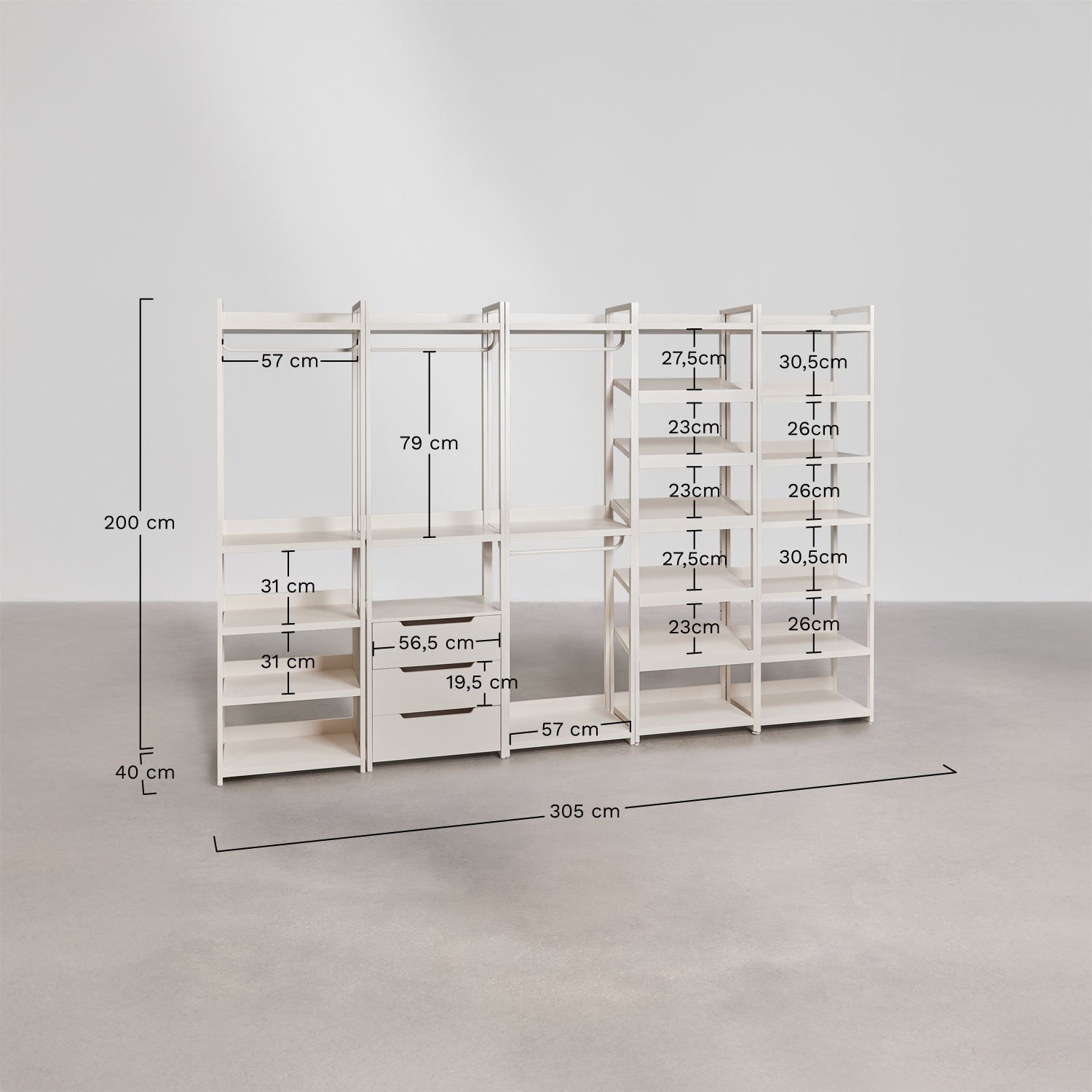 Offenes modulares Schrankset aus 5 Teilen aus Eisen Velunis, MAßE