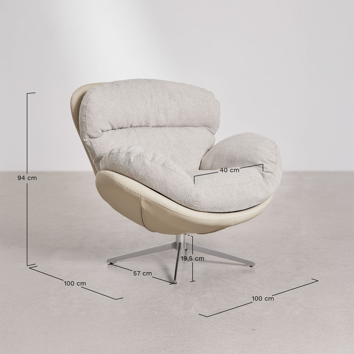 Drehstuhl Amanda aus Bouclé-Stoff, MAßE