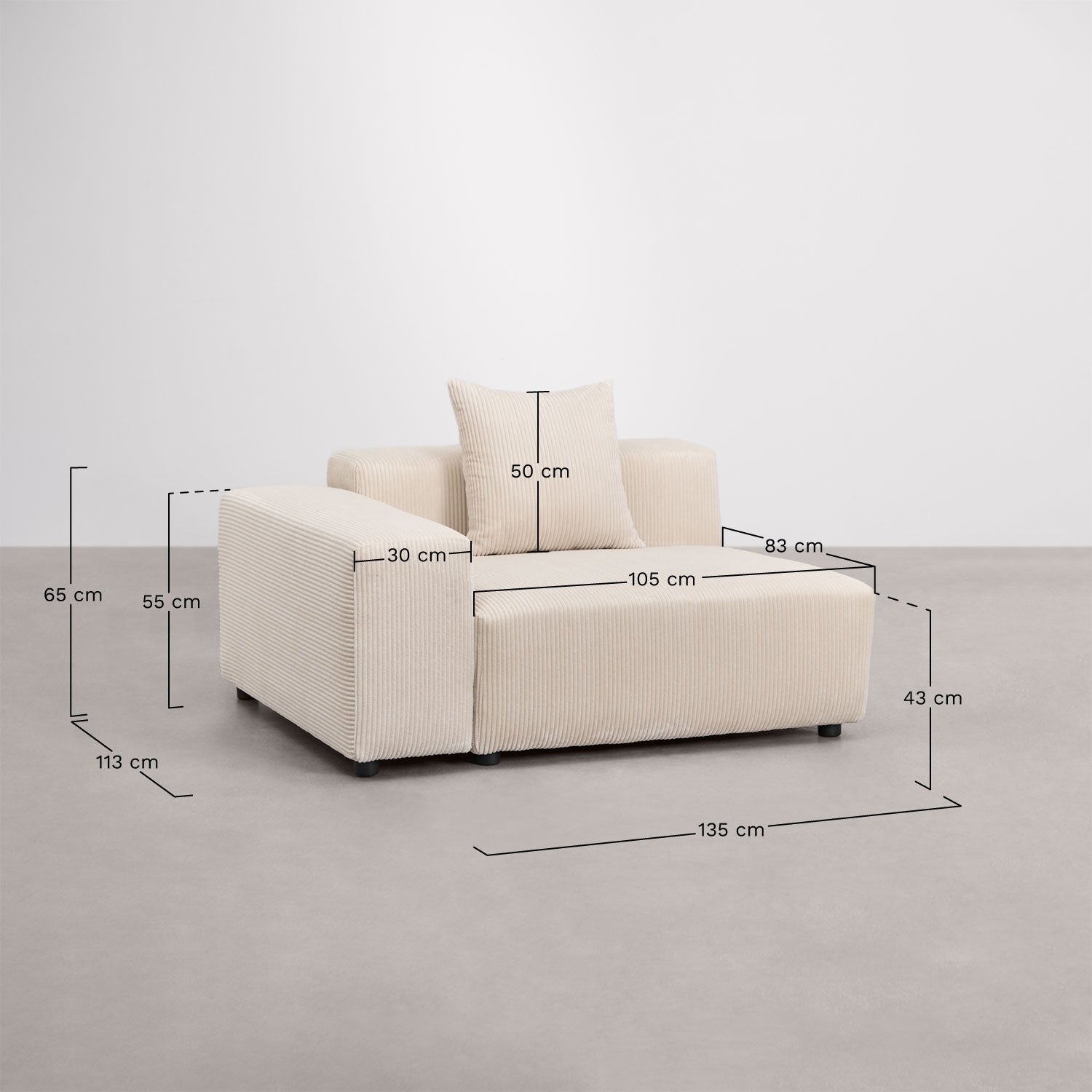 Linkes Eckmodul 135x113 cm mit niedriger Armlehne und Kissen für modulares Sofa Bruna, MA&szlig;E