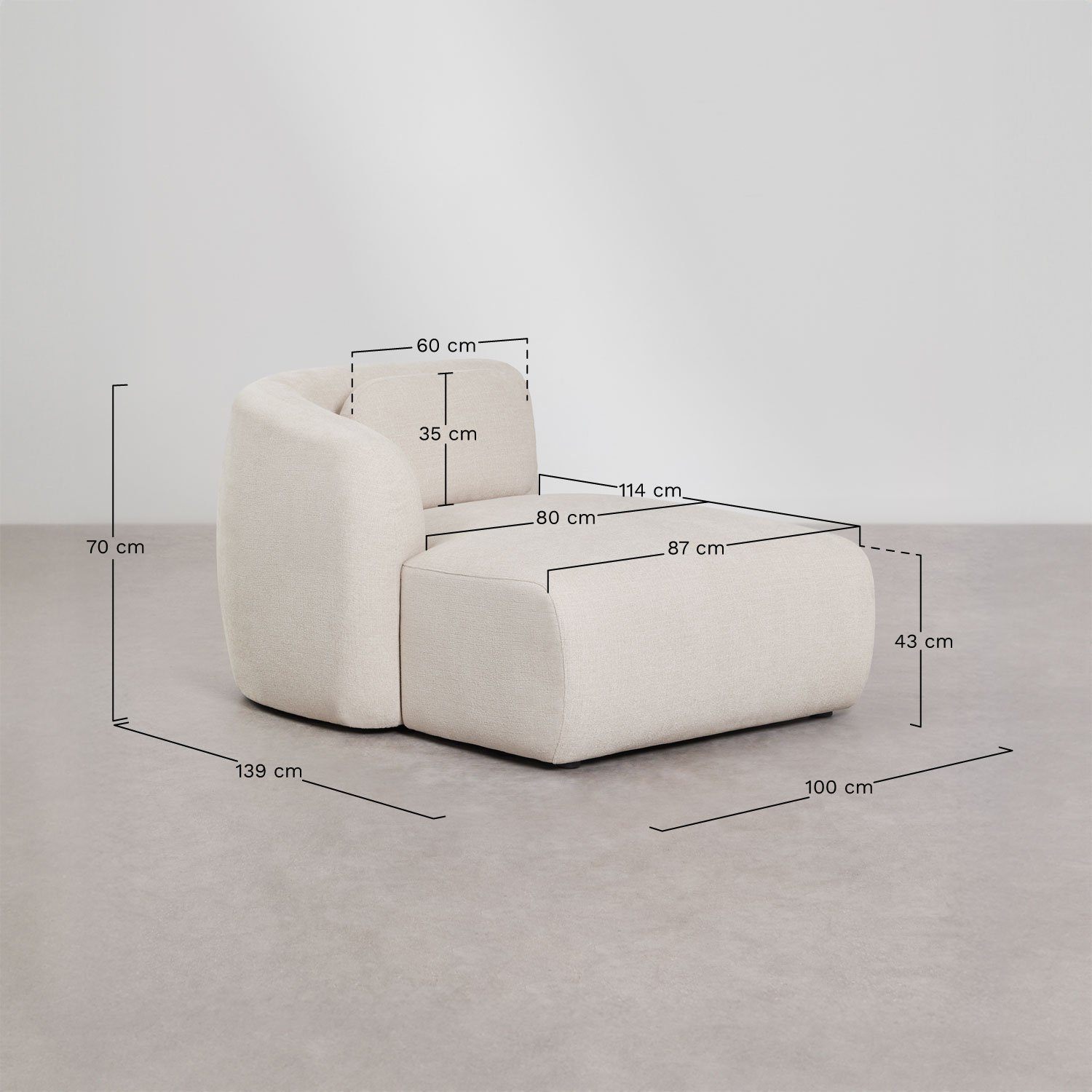 Linkes Chaiselongue-Modul für modulares Sofa aus Chenille Coquette, MAßE