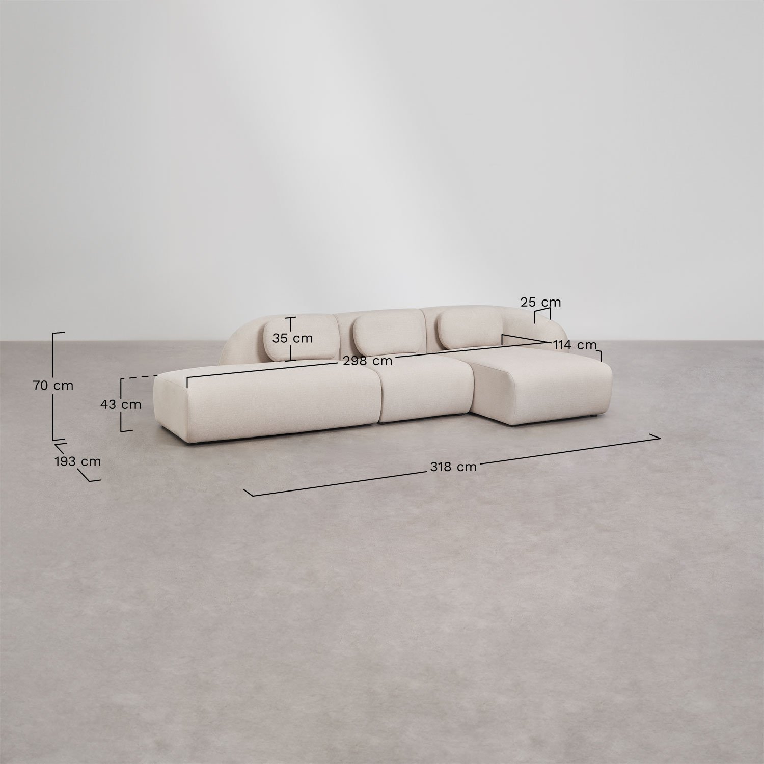 Modulares 3-teiliges Ecksofa mit rechter Chaiselongue und linker Ottomane aus Chenille Coquette, MAßE
