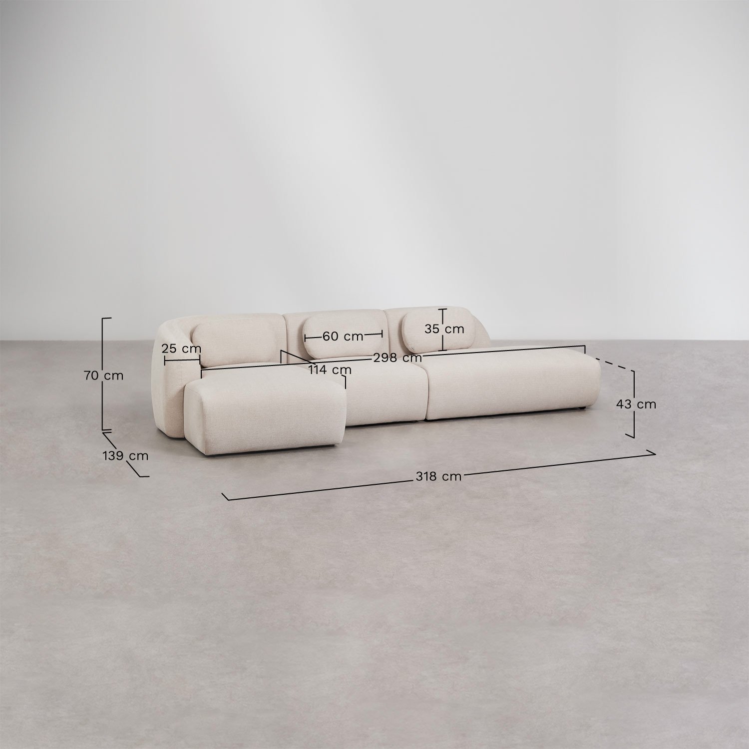 Modulares Ecksofa links 3-teilig mit Recamiere rechts aus Chenille Coquette, MAßE