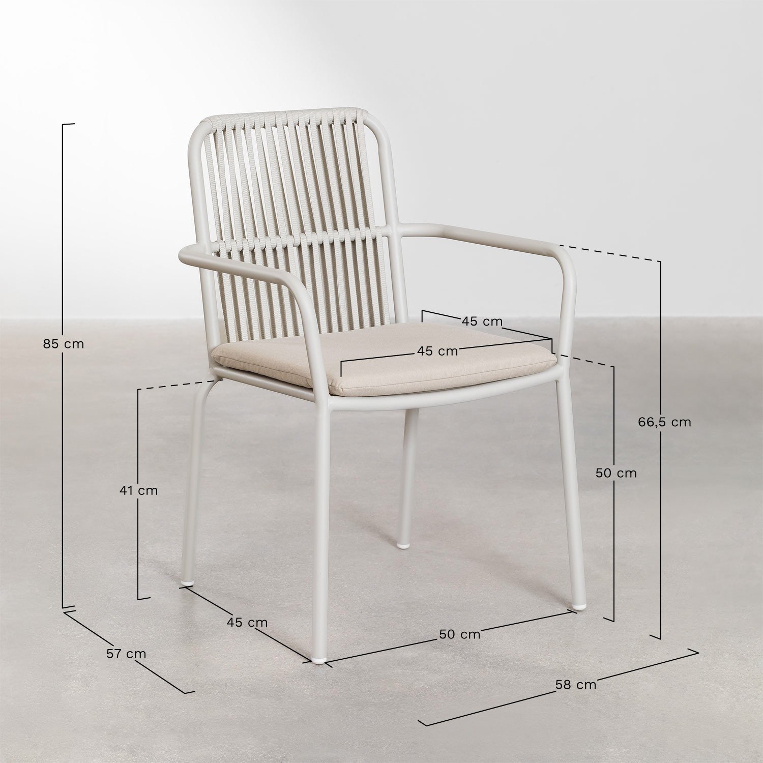 Set aus runder Tisch Ø125 cm Valerie und 4 Gartenstühlen mit Armlehnen aus Aluminium Alberta, MAßE