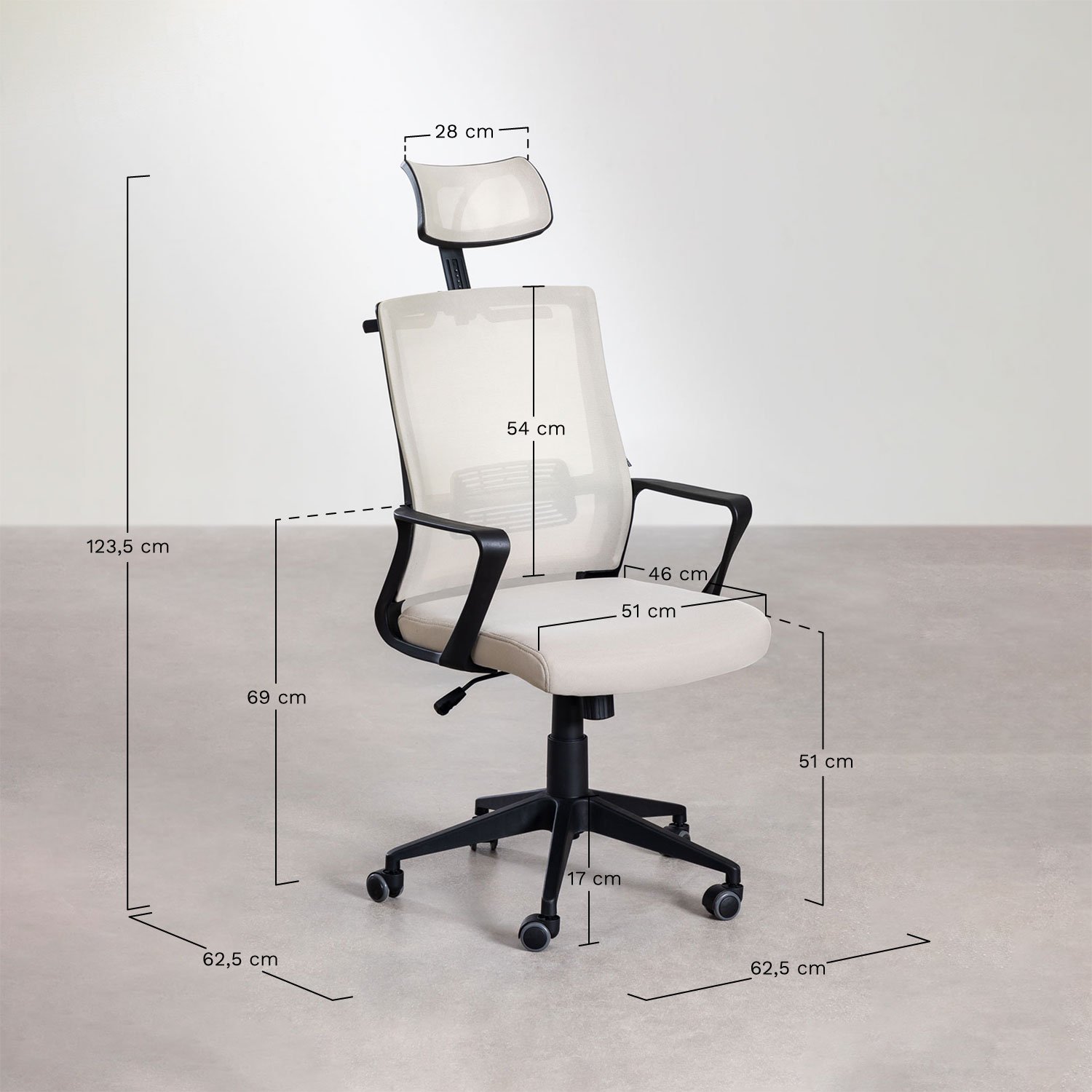 Bürostuhl mit Rollen und Kopfstütze aus Polypropylen Teill Black, MAßE