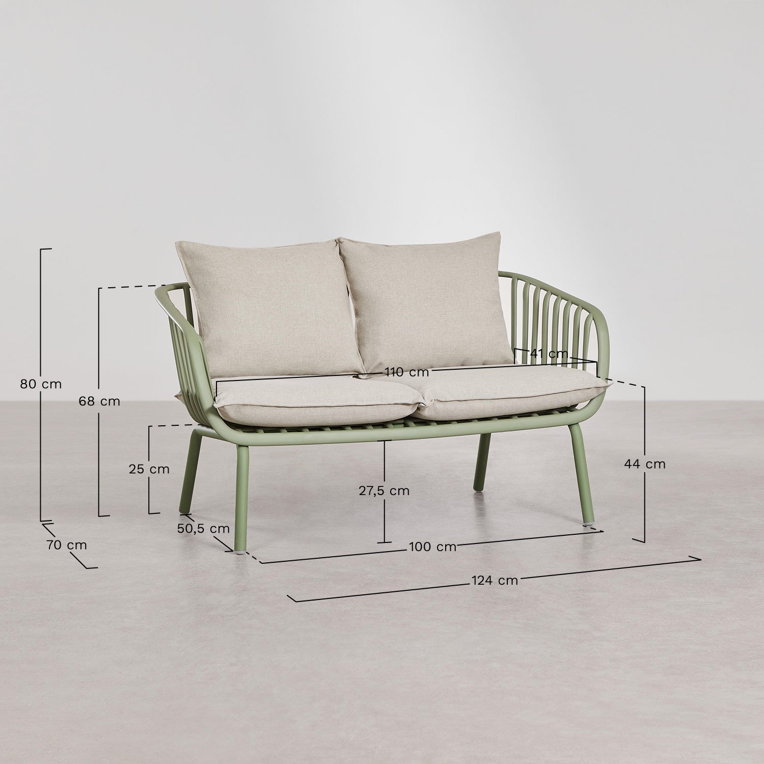 Gartenset mit einem 2-Sitzer-Sofa, 2 Sesseln und 2 Couchtischen aus Eisen und Aradina-Polypropylen. , MAßE