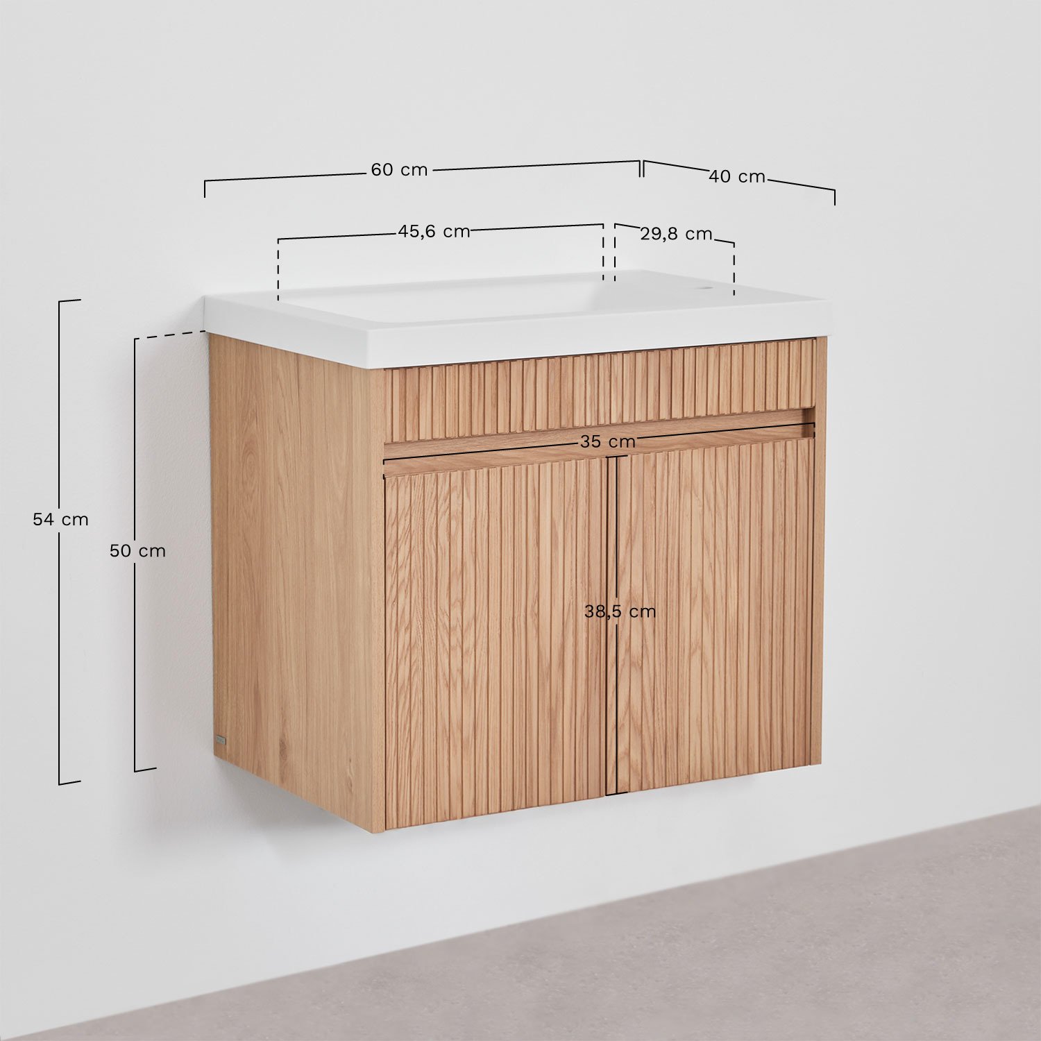 Hängendes Badezimmermöbel-Set aus Holz mit integriertem Waschbecken Narek, MAßE