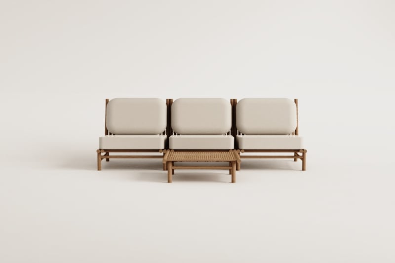 Gartenset mit 3-teiliger modularer Sofagarnitur und quadratischem Couchtisch 75x75 cm aus Bambus Isendra