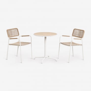 Runder Gartentisch-set Ø65 Cm Und 2 Stapelbare Gartenstühle Aus Stahl Und Akazienholz Tilda Gardenia Weiß - Sklum