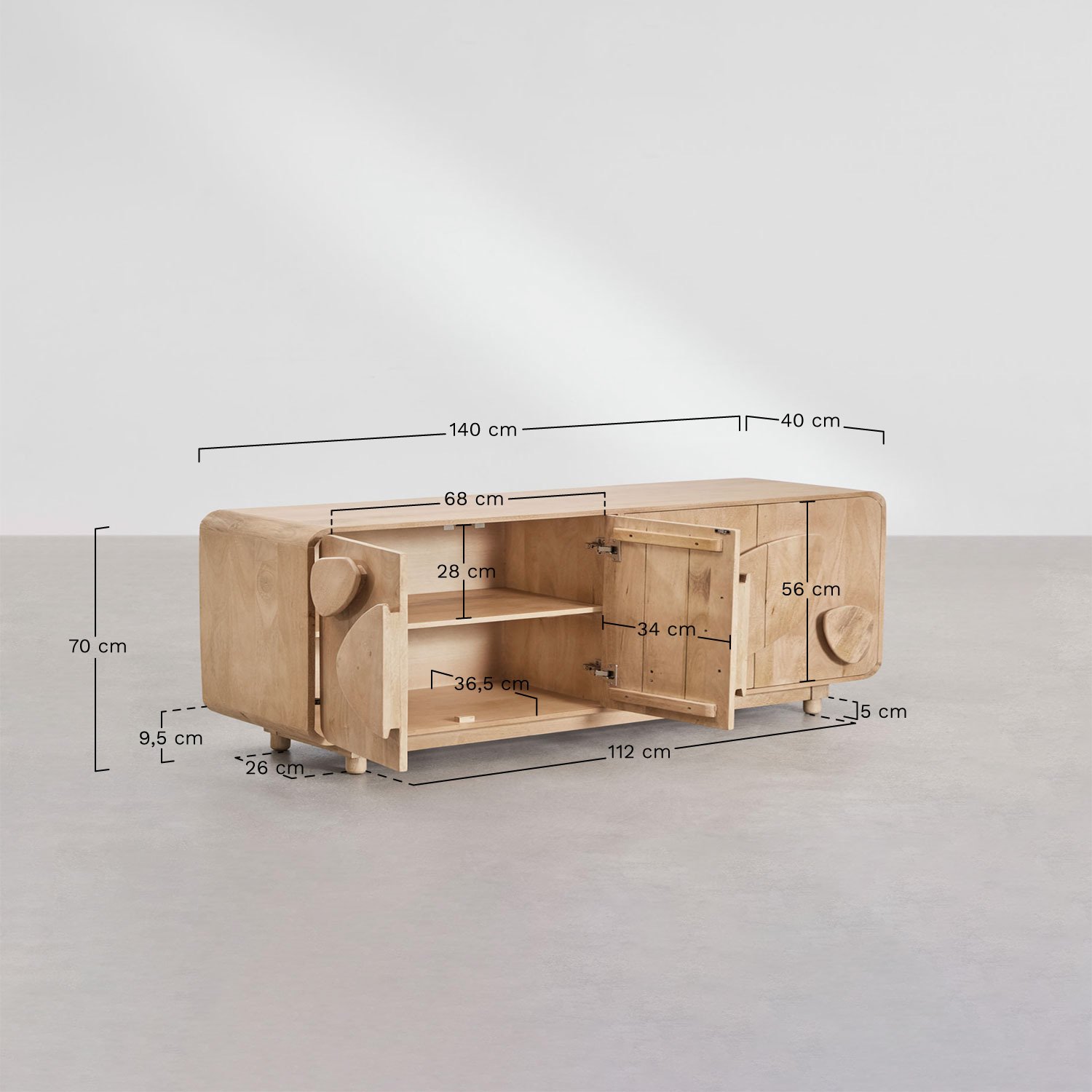 Sideboard 140x40 cm aus Mangoholz Joel, MA&szlig;E