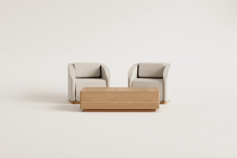 Wohnzimmer-Set mit 2 Sesseln und rechteckigem Couchtisch 130x75 cm aus Akazienholz Verona