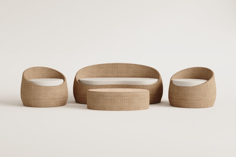 Gartenset mit 3-Sitzer-Sofa, 2 Sesseln und Couchtisch aus Akazienholz und Clarnyx-Rattan