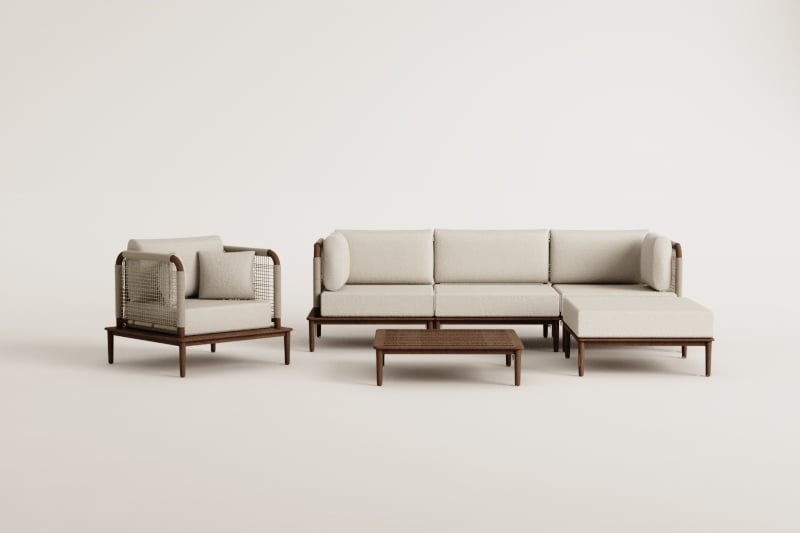 Giulia Acacia 3-teiliges modulares Sofa-Set mit zwei Ecksesseln, einem Pouf, einem Sessel und einem Couchtisch