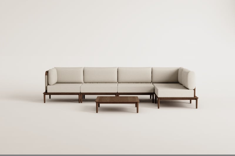 Wohnzimmer-Set mit 5-teiliger modularer Ecksofa und Couchtisch aus Akazie Giulia