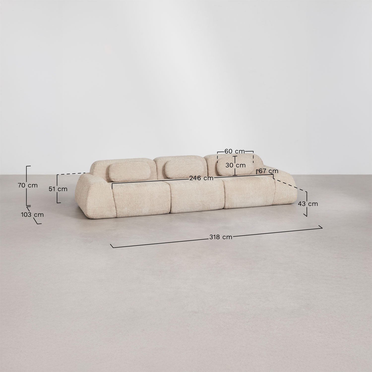 3-teiliges modulares Sofa aus Chenille, vakuumverpackt Merida, MA&szlig;E