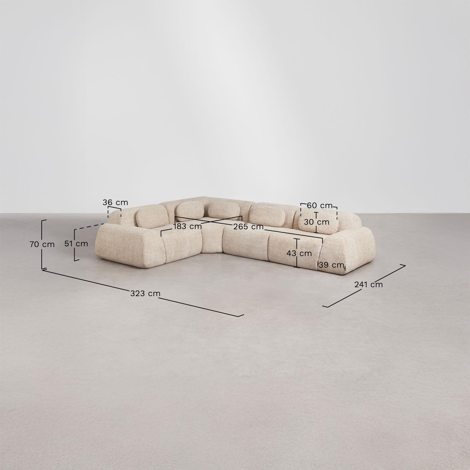 Modulares Ecksofa aus 4 Teilen aus Chenille, vakuumverpackt Merida, MA&szlig;E