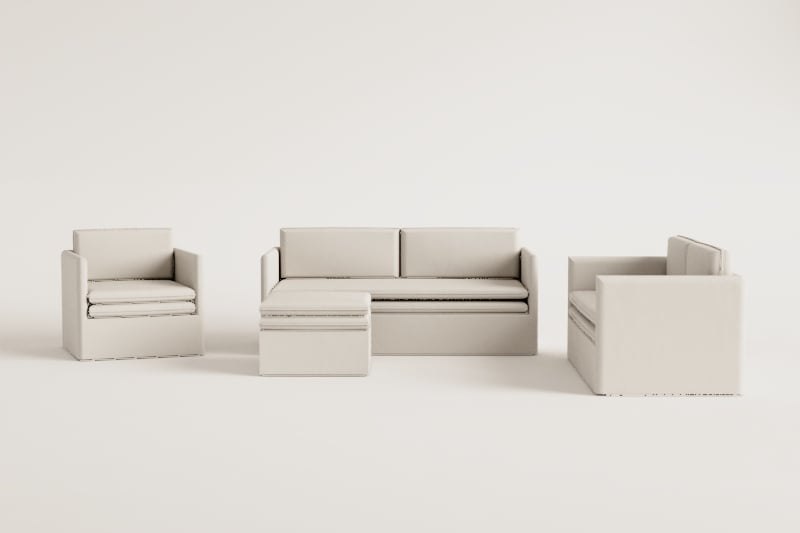 Wohnzimmerset mit einem 2-Sitzer-Sofa, einem 3-Sitzer-Sofa, einem Sessel und einem Pouf aus Leinen und Baumwolle Grace