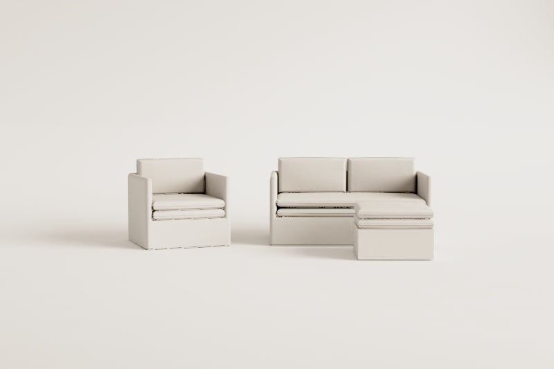 Wohnzimmerset mit 2-Sitzer-Sofa, Sessel und Pouf aus Leinen und Baumwolle Grace