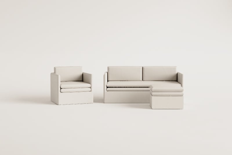 Wohnzimmerset mit 3-Sitzer-Sofa, Sessel und Pouf aus Leinen und Baumwolle Grace