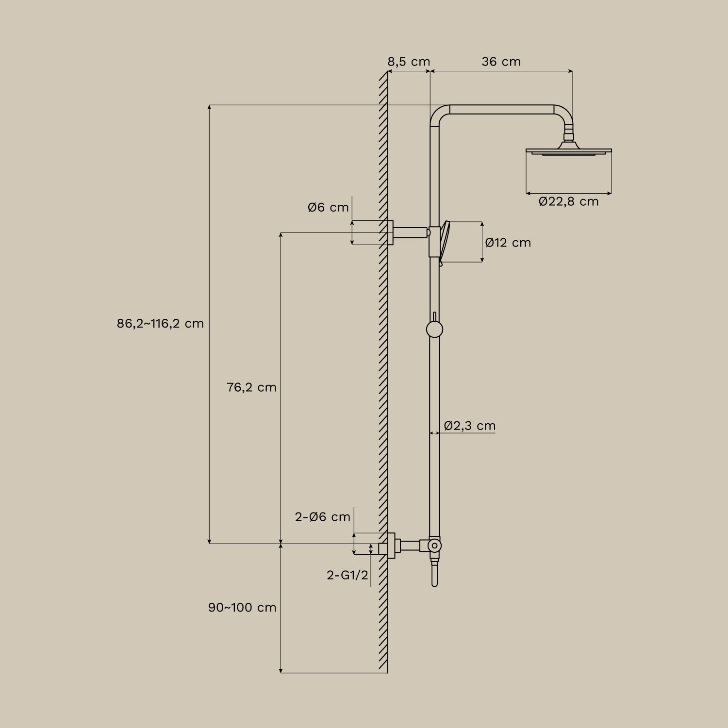 Orveta Thermostat-Duschsäule aus Messing, MA&szlig;E