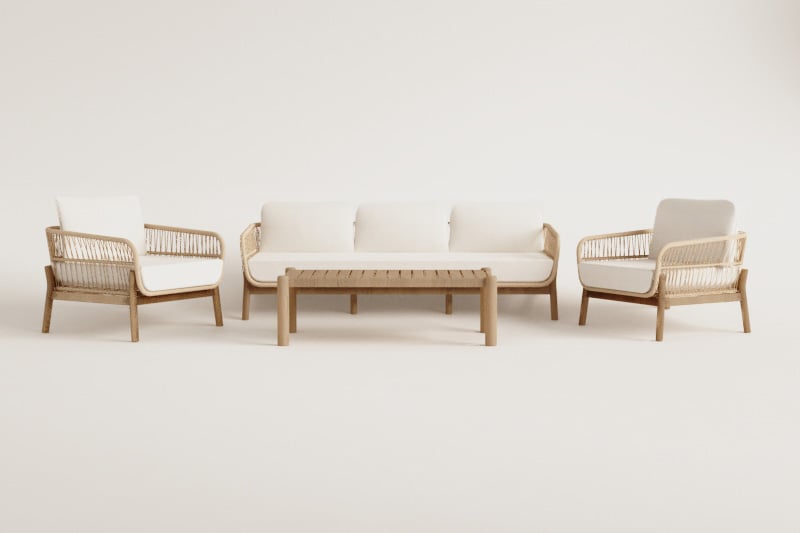 Karvia Gartenset mit 3-Sitzer-Sofa, 2 Sesseln und Couchtisch aus Aluminium und Akazienholz   