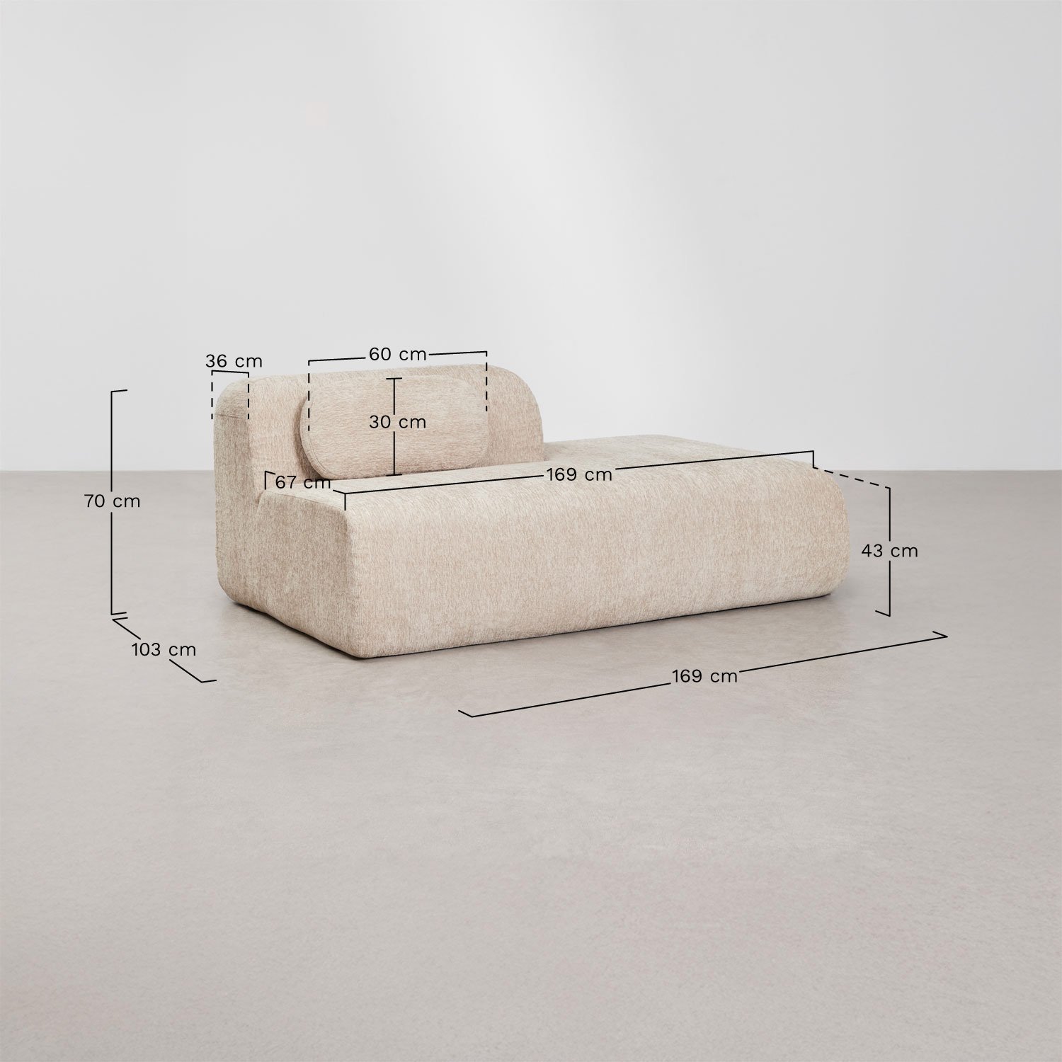 Rechtes Recamiermodul für modulare Chenille-Sofas, vakuumverpackt Merida, MA&szlig;E