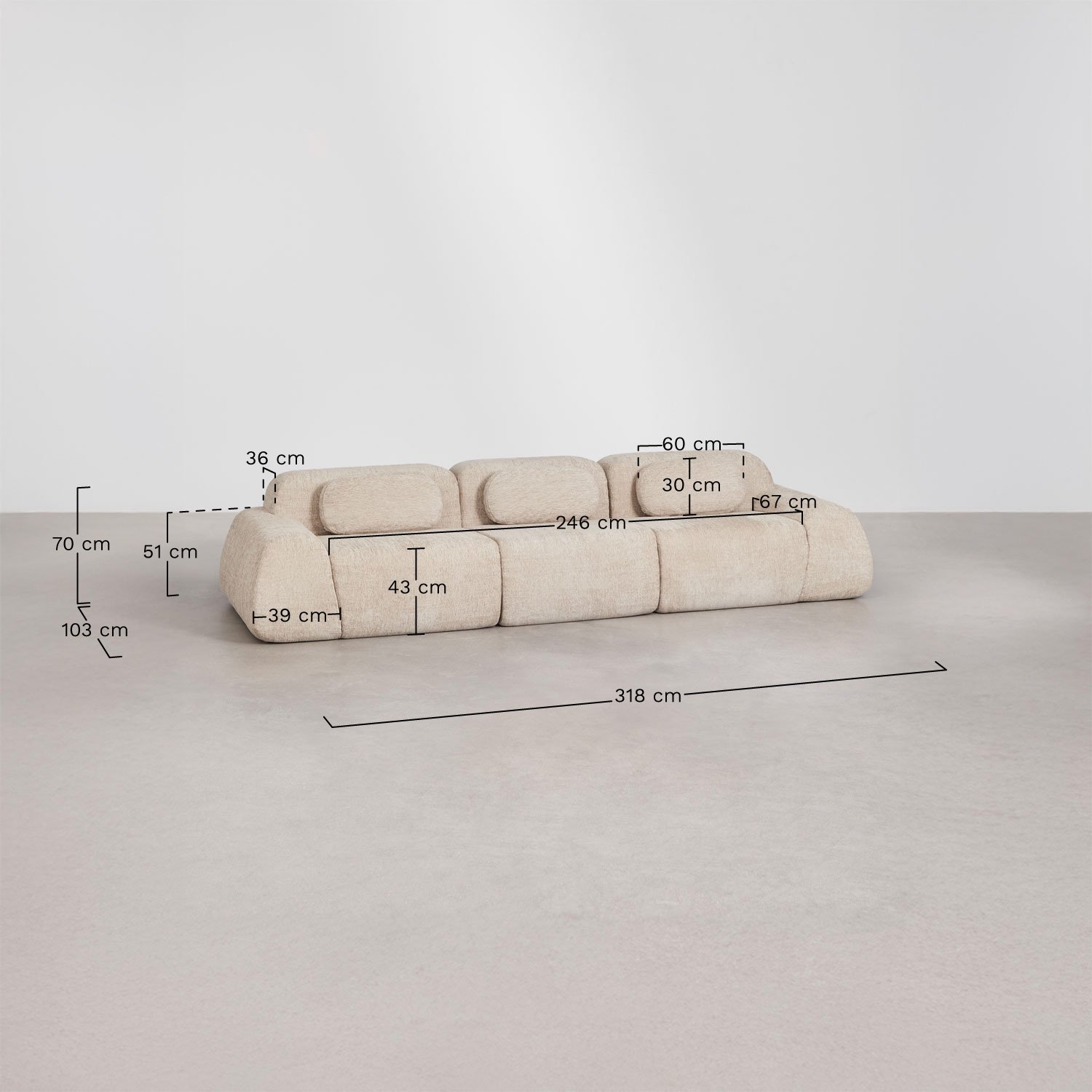 3-teiliges modulares Sofa aus Chenille, vakuumverpackt Merida, MA&szlig;E