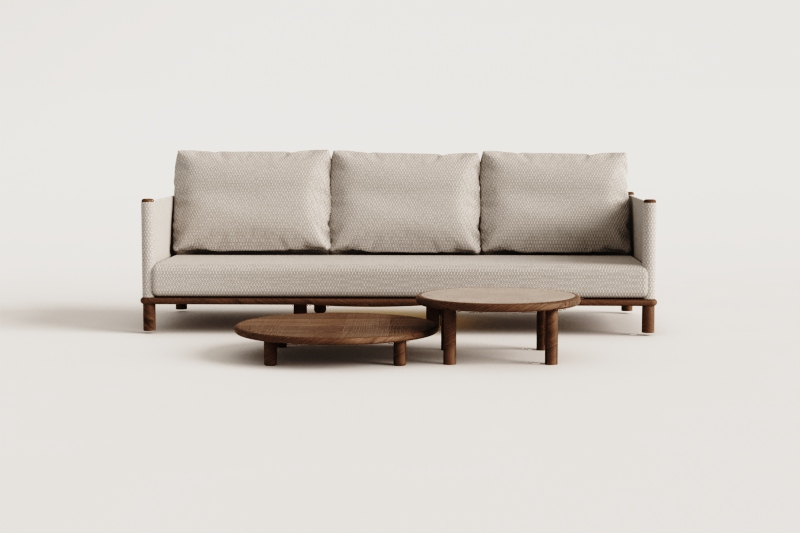 Olivia Wohnzimmergarnitur mit 3-Sitzer-Sofa und 2 runden Couchtischen aus Akazienholz