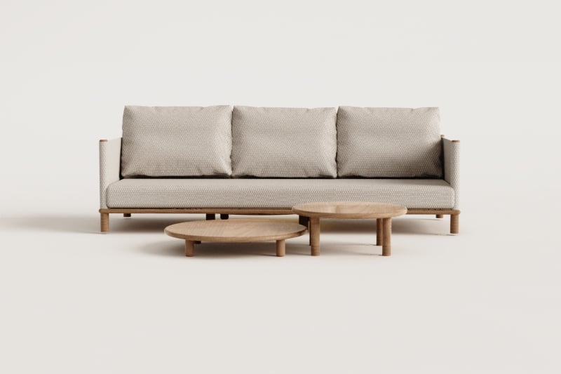 Olivia Wohnzimmergarnitur mit 3-Sitzer-Sofa und 2 runden Couchtischen aus Akazienholz