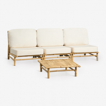 Gartenset Mit 3-teiliger Modularer Sofagarnitur Und Quadratischem Couchtisch 75x75 Cm Aus Bambus Isendra Stofffarbe Weiss - Sklum