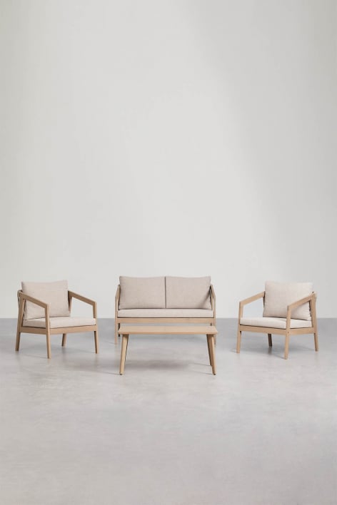 Wohnzimmerset mit 2-Sitzer-Sofa, 2 Sesseln und Couchtisch aus Akazienholz und geflochtener Kaela-Seilwicklung - Stofffarbe Sandbraun